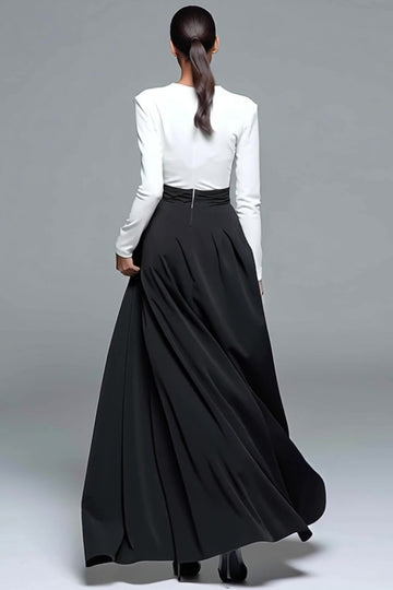 Black and White V-Neck Formal Dress with Long Sleeves